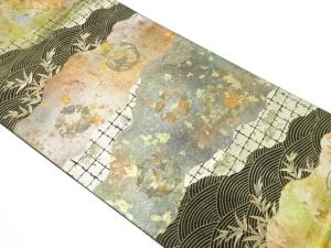 引箔　霞取りに花丸・荒波模様織り出し　袋帯